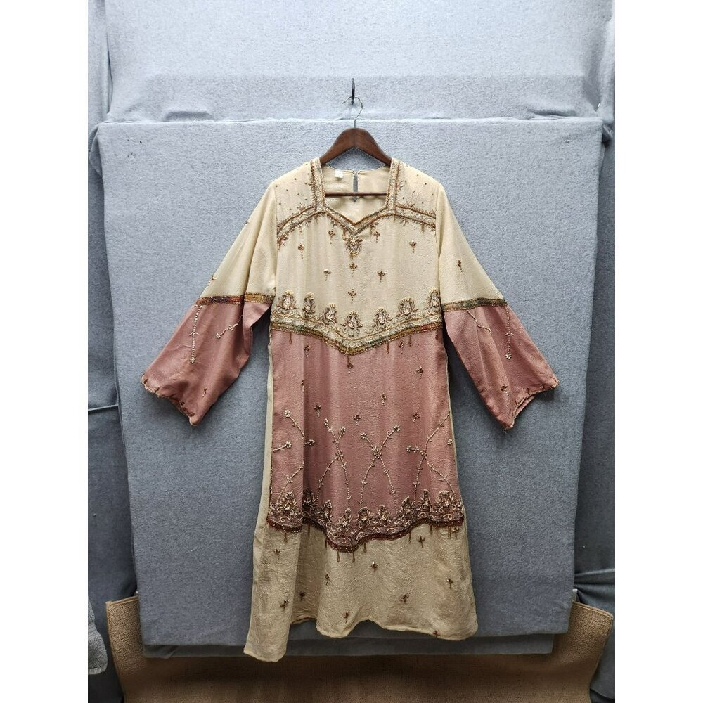 Vintage Beige & Pink Embroidered Long Kurta Dress With Beaded‎ Accents